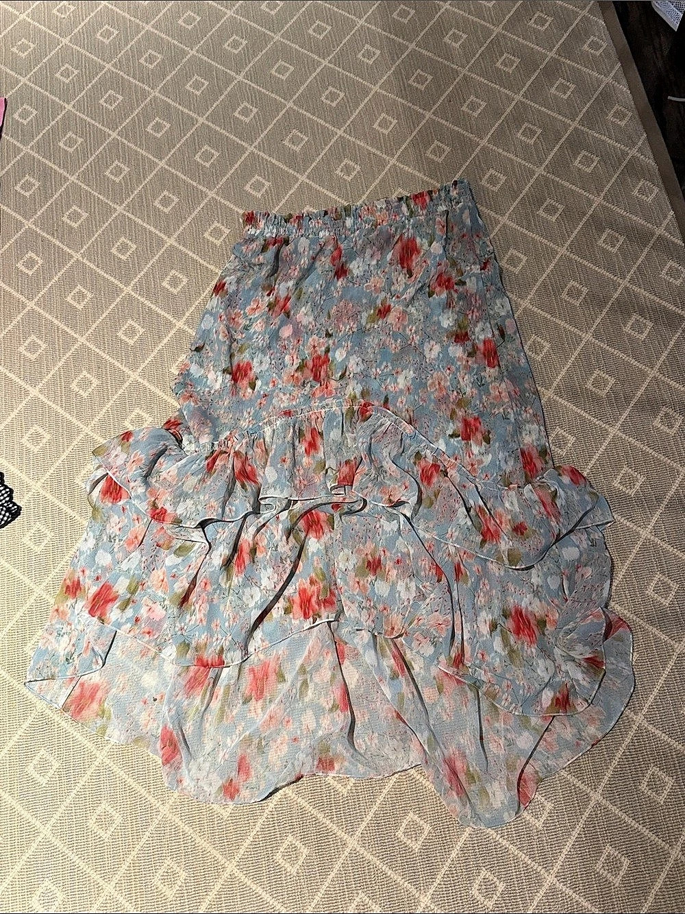 MISA Floral Ruffle Mini Skirt in Blue & Red Size Small Like New
